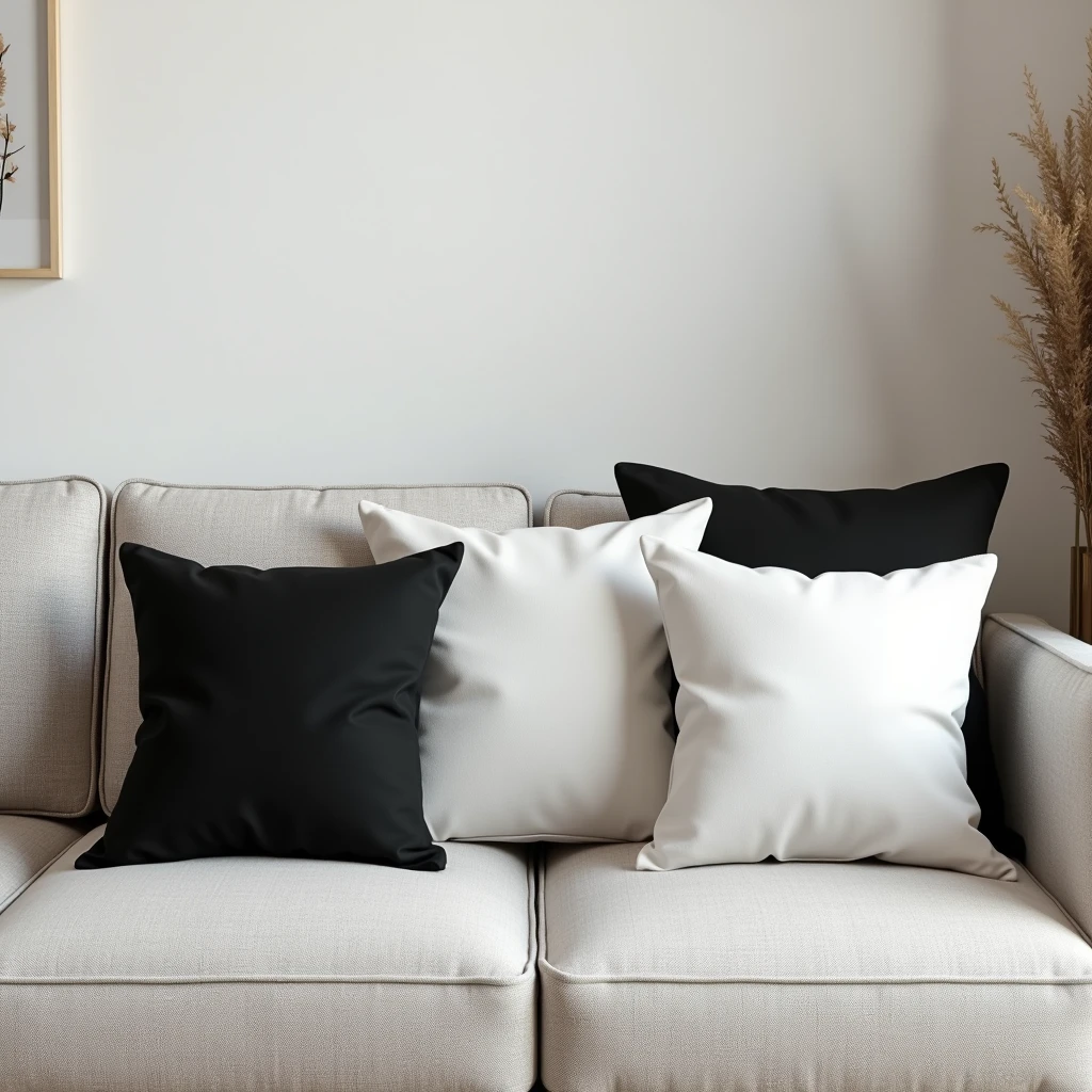 Kit with 4 plain decorative cushions for black and white sofa, generate a distant photo to advertise on shopee
