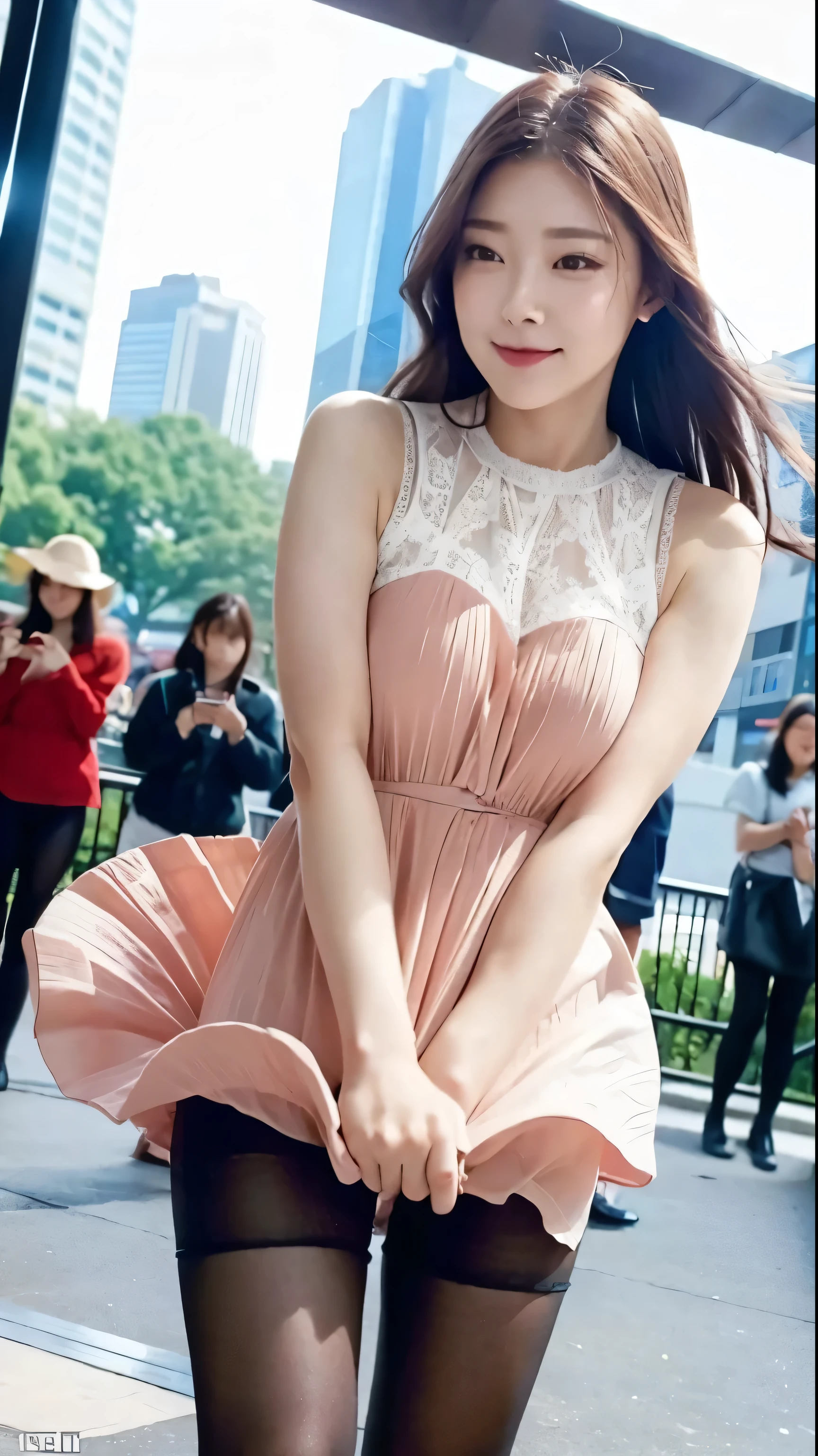 Urzan-6500-v1.1, (Genuine:1.4), (masterpiece), (Highest quality, 8k, 32K, masterpiece:1.2),Beautiful Japanese Women Photos,(Sad Smile,blush:1.1),Looking at the audience,(A beautifully detailed dress skirt:1.2),Leg Details,(Spread your legs:0.9),(Lace panties:0.9),(Ultra-realistic pantyhose:1.2),(Wind power increase:1.6), whole body,the wind is strong,city,Outdoor
