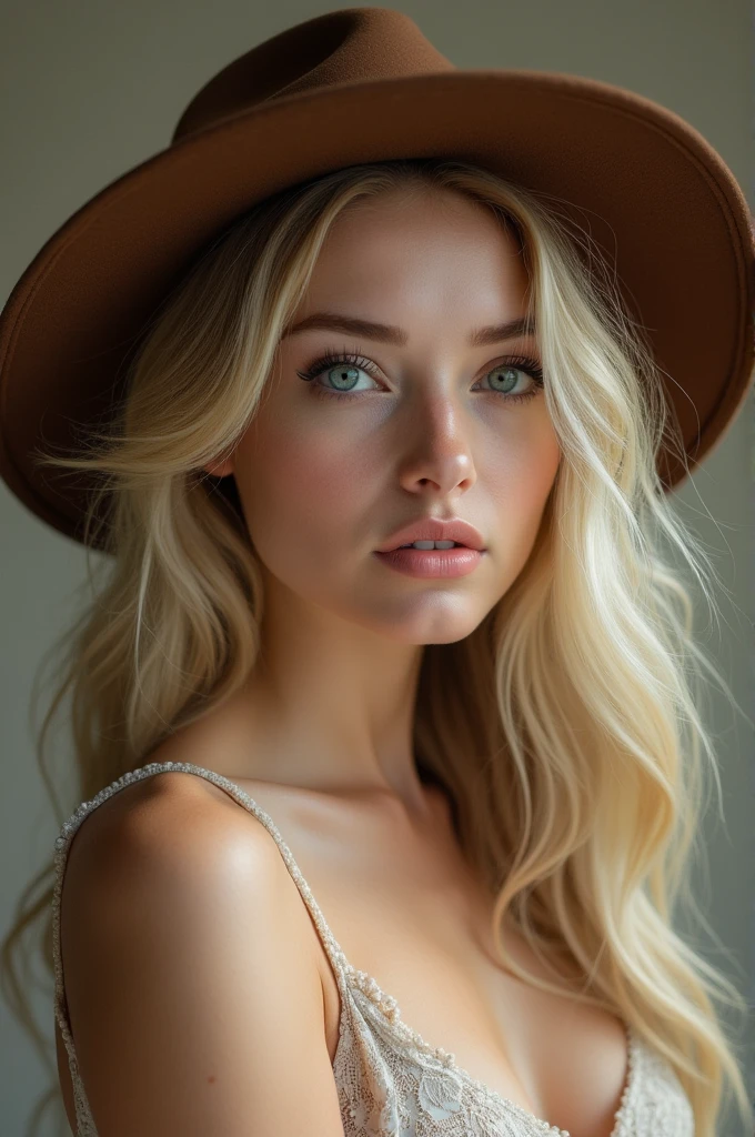 A thin blonde woman, Long, wavy hair, beige skin, ocean blue eyes, full mouth, big eyelashes, and a beautiful brown hat