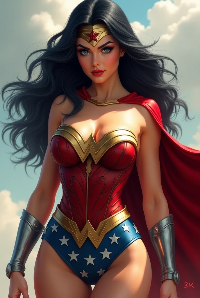 A MUSCULAR FEMALE, WITH LONG BLACK HAIR, BLUE EYES, WITH A SEXY BODY, WEARING A CLASSIC 1960 LYNDA CARTER WONDER WOMAN COSTUME AND RED CAPE. ABSURD 8K RESOLUTION, INCREDIBLY DETAILED SKIN AND EYES