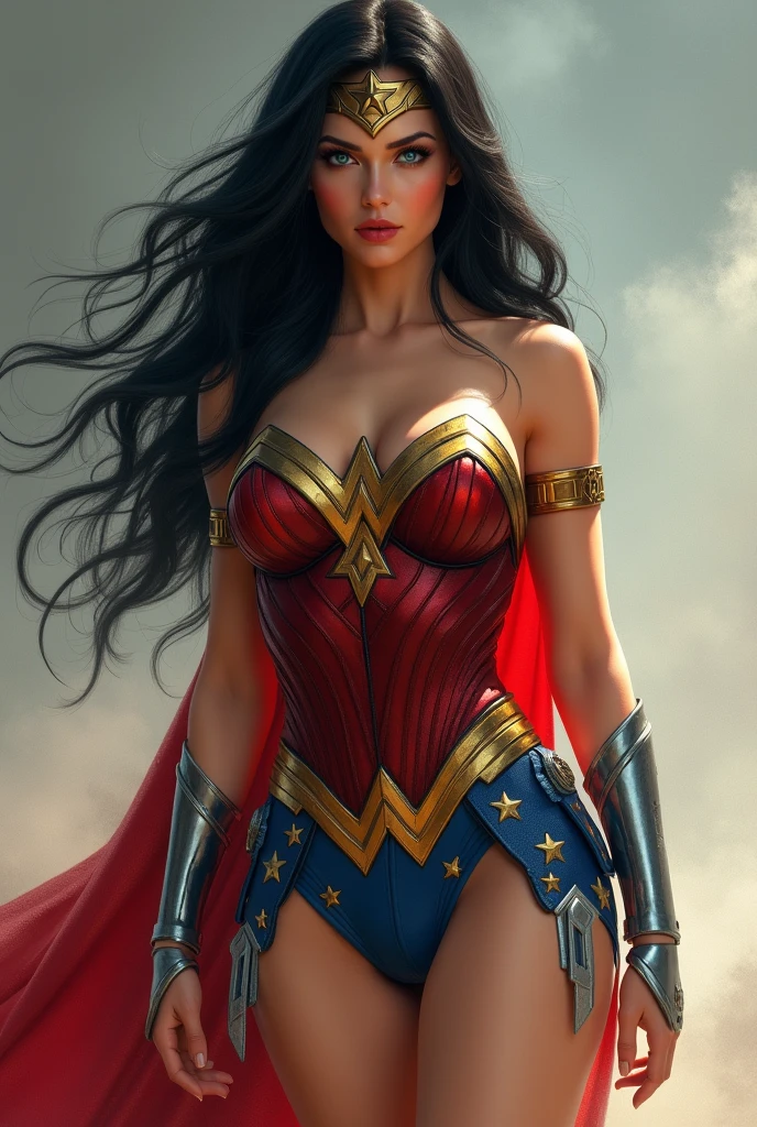 A MUSCULAR FEMALE, WITH LONG BLACK HAIR, BLUE EYES, WITH A SEXY BODY, WEARING A CLASSIC 1960 LYNDA CARTER WONDER WOMAN COSTUME AND RED CAPE. ABSURD 8K RESOLUTION, INCREDIBLY DETAILED SKIN AND EYES