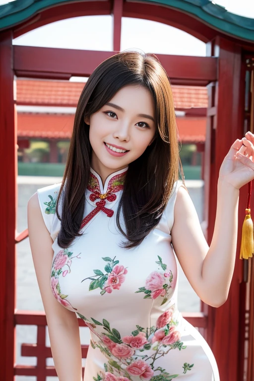 Fair skin,8k,Ultra-high resolution,Super detailed,Highest quality,Look at the viewers、Perfect lighting,flat light,super high quality,Ultra-high resolution,masterpiece,Realistic,Detailed face,Perfect Anatomy,Slender body、Young face、smile、Sweating、Flushed Cheeks、chinese shrine、Clear winter weather、((chinese garment))、((Tight Chinese dress))、Nice and cute, An innocent smile, , A lovely smile, (A big bust that seems to burst:1.20),(Beautiful Big 1:1)、Beautiful Eyes、Please show me your whole body、Beautiful legs visible from the slit、Kung Fu Pose、Show me your chest