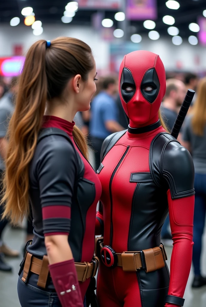 Brunette instagram influencer, dressed as Gwenpool, hair in ponytail, Gwenpool logo belt buckle, at a comic convention, in the style of comicon photos, taking picture with a female convention attendee