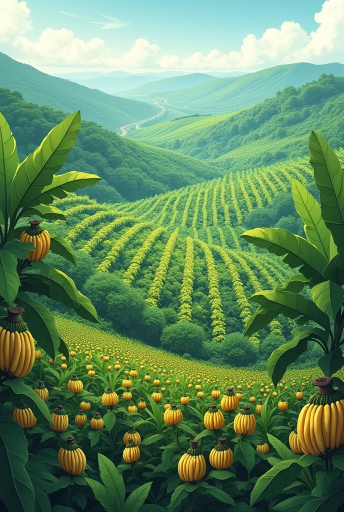 Can you create a banana farm for me?, in drawing style, May the farm be large, that there is no road or people Painting
