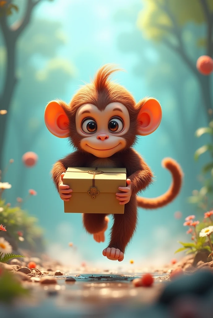 monkey with a box in his hands runs madly, on a transparent background