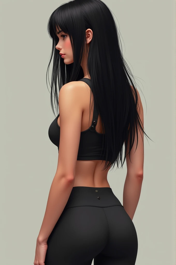 A 22 year old girl, straight black hair, medium build from behind wearing tight clothing