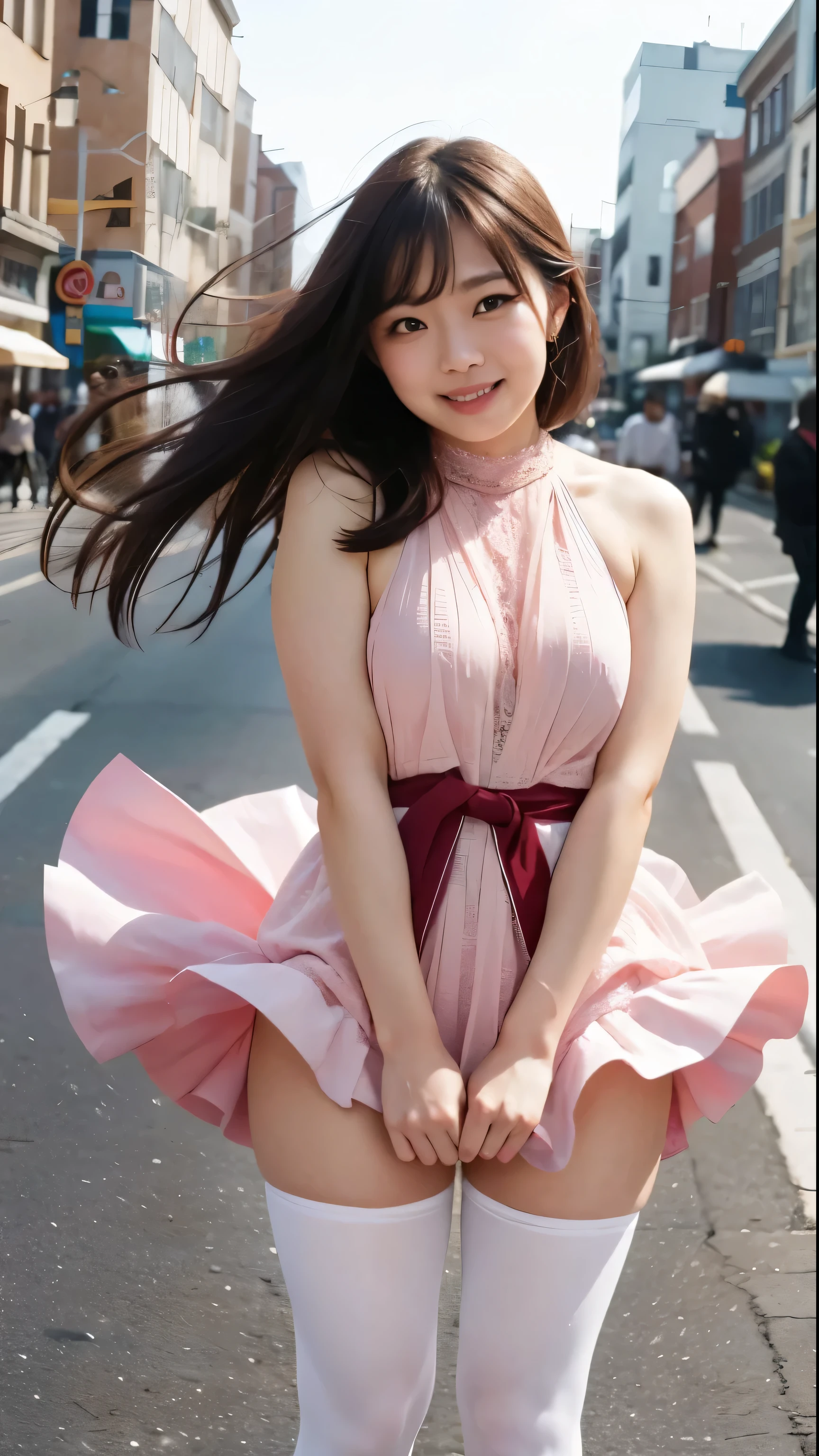 Urzan-6500-v1.1,  (Genuine:1.4), (masterpiece),  (Highest quality, 8k, 32K, masterpiece:1.2),Beautiful Japanese Women Photos,(Sad Smile,blush:1.1),Looking at the audience,(Beautifully detailed dress skirt:1.2),Leg Details,(Spread your legs:0.9),(Lace panties:0.9),(Ultra-realistic pantyhose:1.2),(Increase in wind power:1.6), whole body,the wind is strong,city,Outdoor