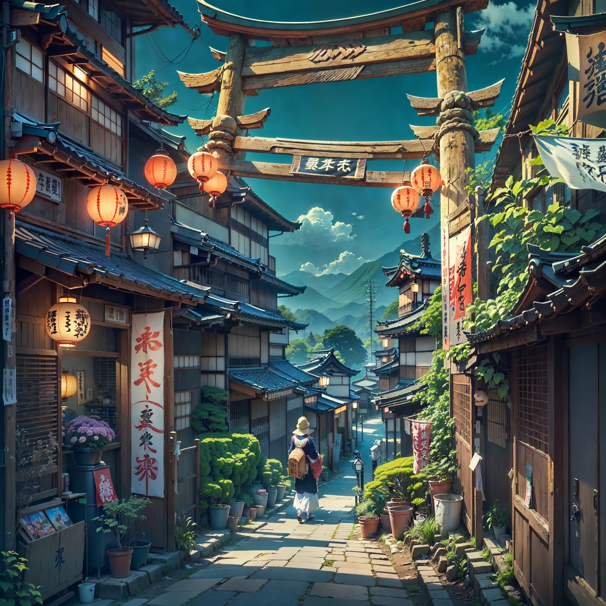 ((score_9, score_8_up, score_7_up, score_6_up)), ((rural japanese street corner: 1.3)), japanese architecture, ((torri gate arching over street: 1.2)), detailed anime artwork, anime scene, ((bright blue sky: 1.0)), extra detailed, very detailed, ((vibrant banners with japanese text: 1.2)), ((glass windows: 1.1)), ((big plant pots: 1.1)), ((japanese lanterns: 1.1)), ((wooden doors: 1.1)), metal trash can, anime style, anime, lofi, lofi vibe, sparkle, cinematic lighting, god rays, glowing light, ((best quality:1.5)), ((masterpiece:1.5)), ((highly detailed:1.3)), ((anime aesthetic:1.2)), ((no one: 1.2)), ((no people: 1.2))
