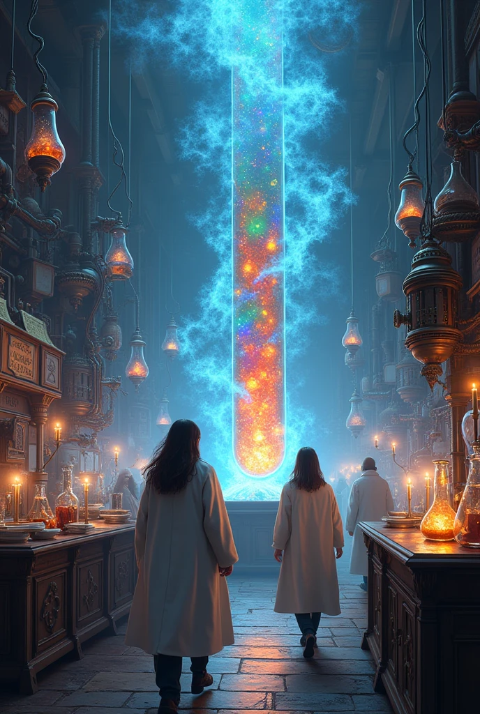 A bustling Arcane Laboratory inhabited by a team of mage scientists, their coats fluttering with the unseen currents of magic that suffuse the air. The room is an organized chaos of floating scrolls, ancient tomes, and arcane devices casting an eerie glow from their intricate runes. At one side, a series of giant test tubes stretch from floor to ceiling, each one containing a unique concoction of bubbling, swirling liquids in a riot of colors. Some tubes are surrounded by complex systems of interlocking machines of glassware and wires, hinting at ongoing experiments.