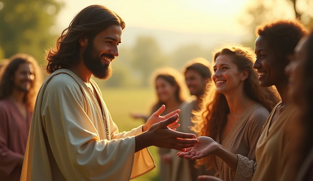 Create an inspiring and touching image of Jesus extending his hand to the people. Jesus should be depicted with a loving and compassionate expression, wearing traditional, light-colored robes. The scene should convey a serene and welcoming atmosphere, with soft lighting that highlights the outstretched hand. In the background, include a diverse group of people of various ages and ethnicities, all with expressions of hope and gratitude, as if receiving a blessing. The setting could be outdoors, perhaps in a verdant field or a tranquil natural landscape, to emphasize a sense of peace and inclusion