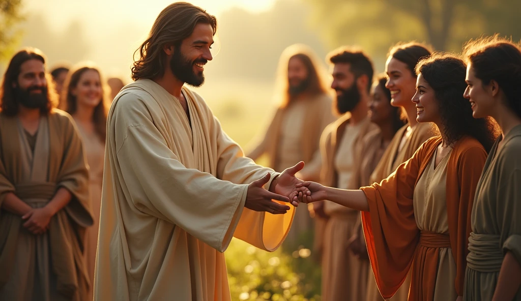 Create an inspiring and touching image of Jesus extending his hand to the people. Jesus should be depicted with a loving and compassionate expression, wearing traditional, light-colored robes. The scene should convey a serene and welcoming atmosphere, with soft lighting that highlights the outstretched hand. In the background, include a diverse group of people of various ages and ethnicities, all with expressions of hope and gratitude, as if receiving a blessing. The setting could be outdoors, perhaps in a verdant field or a tranquil natural landscape, to emphasize a sense of peace and inclusion