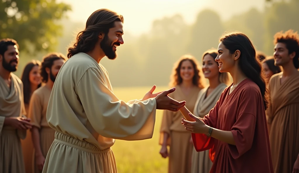 Create an inspiring and touching image of Jesus extending his hand to the people. Jesus should be depicted with a loving and compassionate expression, wearing traditional, light-colored robes. The scene should convey a serene and welcoming atmosphere, with soft lighting that highlights the outstretched hand. In the background, include a diverse group of people of various ages and ethnicities, all with expressions of hope and gratitude, as if receiving a blessing. The setting could be outdoors, perhaps in a verdant field or a tranquil natural landscape, to emphasize a sense of peace and inclusion