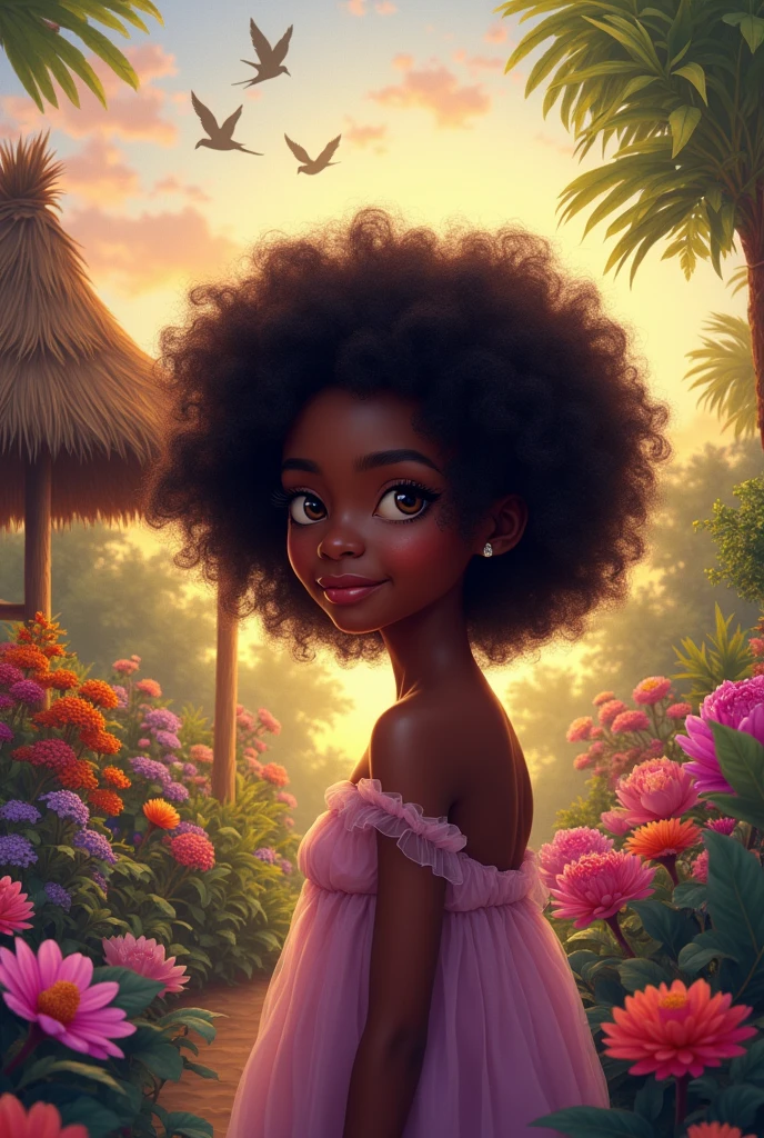 Create an image of a named Marabou, Afro Haitian, wavy hair, she is beautiful like the moon. An angel&#39;s face, innocent, pur, frail. Cadre jardin d éden, very colorful, playful, luminous. Des oiseaux dans le ciel, a straw house a little far away. 