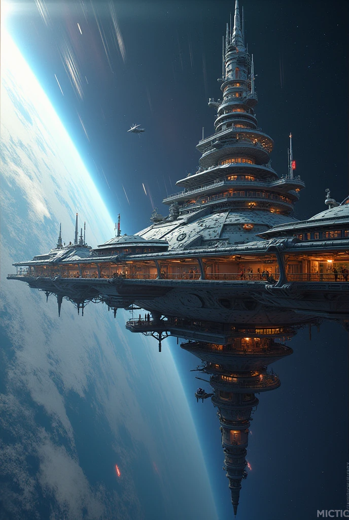 A gigantic space station, very well designed with all life support and for human tourism, close to the mesosphere of planet earth.