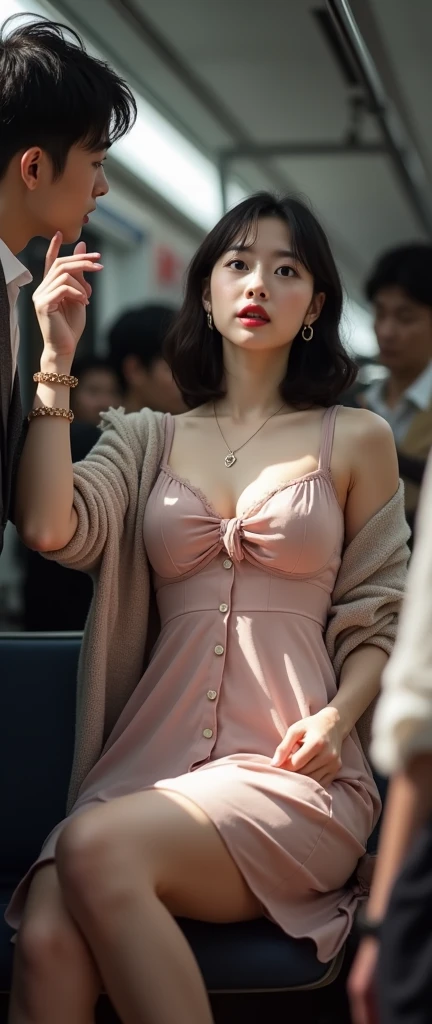 (32K:1.9, Highest quality, masterpiece, Ultra-high resolution, Professional low-angle camerawork:1.5, Very detailedな肌と顔の質感:1.4), Always accurate, Very detailed, bag, (25 year old cute Japan woman, Camisole dress and cardigan:1.5, Incredibly slim body:1.3, areola is not visible:1.4, Big breasts on the verge of collapse), (Crowded train:1.5, Crazy behavior:1.7, A man touches a woman's body:2.0), belt, Fair skin, elegant, sense of cleanliness, Thin eyebrows, (Big eyes that exude beautiful eroticism:0.4, Her facial expression when she feels that she is being caressed intensely:1.0, Facial expressions when feeling happy:1.0, Expressions of drowning in pleasure:1.0, I despise you from the bottom of my heart:0.8, Open your mouth a little, lipstick, Feel the beautiful eroticism:0.9, Dark brown medium hair), Earrings, necklace, bracelet, romantic, mysterious, Object of admiration, original, dramatic, artistic, Innovative, charm, Heartful, Fancy, Tilt, sense of loss, special, ((exciting, Extreme, sense of openness, suffering, sufferingの表現)), (((Mistakes of Youth, 女性的なcharm)))