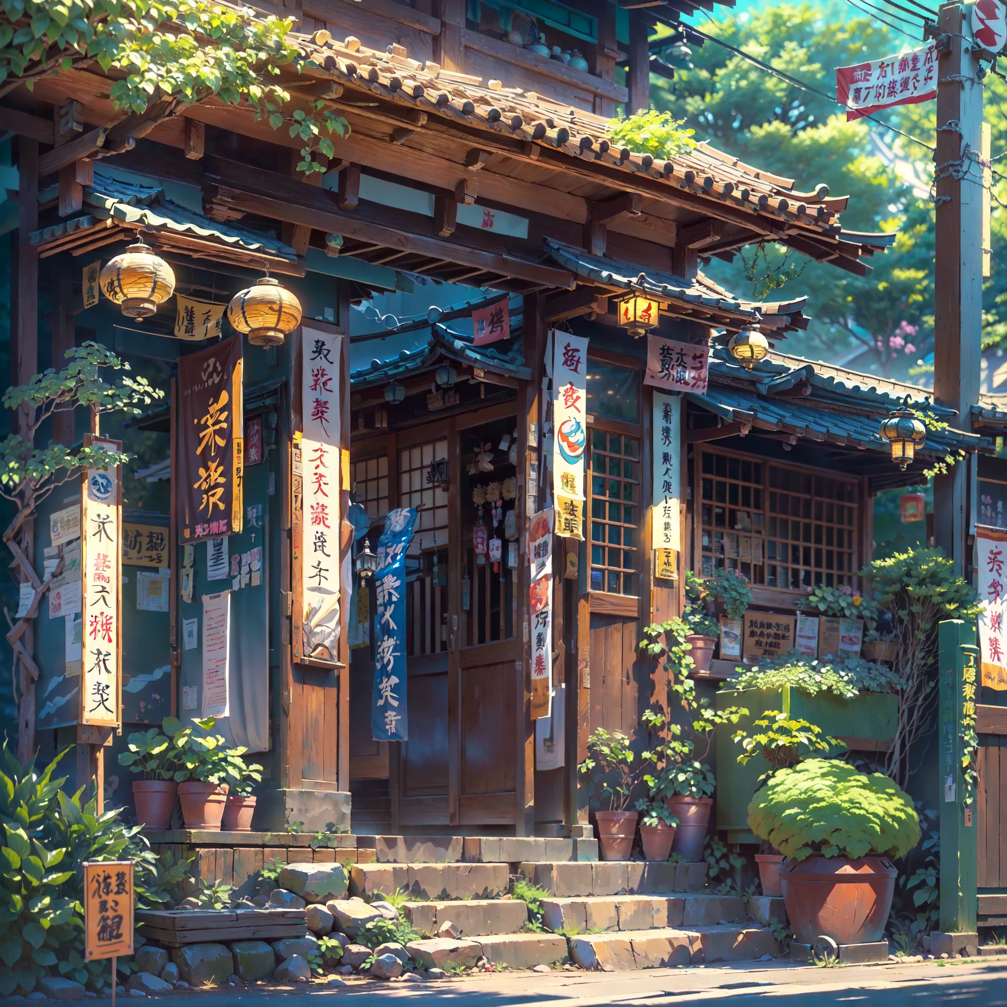 ((score_9, score_8_up, score_7_up, score_6_up)), ((rural japanese street corner: 1.3)), japanese architecture, ((torri gate arching over street: 1.2)), detailed anime artwork, anime scene, ((bright blue sky: 1.0)), extra detailed, very detailed, ((vibrant banners with japanese text: 1.2)), ((glass windows: 1.1)), ((big plant pots: 1.1)), ((japanese lanterns: 1.1)), ((wooden doors: 1.1)), metal trash can, anime style, anime, lofi, lofi vibe, sparkle, cinematic lighting, god rays, glowing light, ((best quality:1.5)), ((masterpiece:1.5)), ((highly detailed:1.3)), ((anime aesthetic:1.2)), ((no one: 1.2)), ((no people: 1.2))