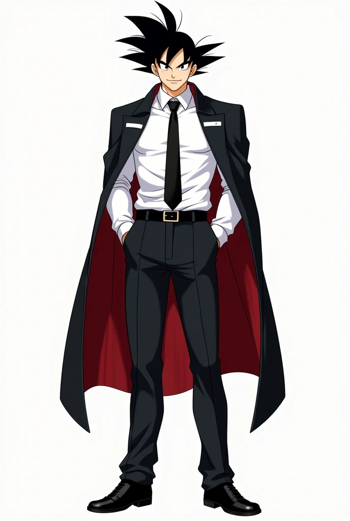 Make Goku with a white dress shirt, black tie, black dress pants, black belt and black shoes, make him smile and with normal shirt sleeves. Put a black cape with a red interior over your clothes., put two white strips horizontally, one on each shoulder, put these a little higher, right in line with the shoulders