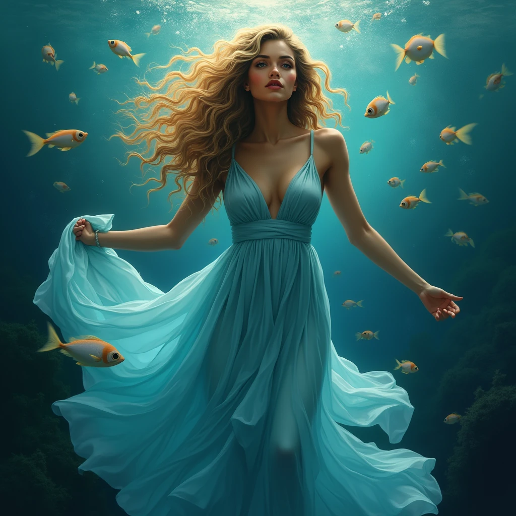 , Toffee color skin, beautiful toffee mixed woman of 2 with long blond curly hair and extremely detailled clear yellow eyes , Whole body, She wears A very beautiful sexy Long sky blue dress in veil, She is underwater surrounded by beautiful fish