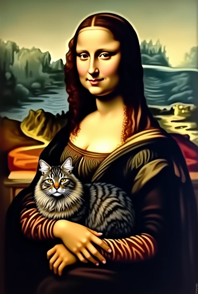 Mona Lisa with a cat on her lap, black grey and brown brindle, with long hair