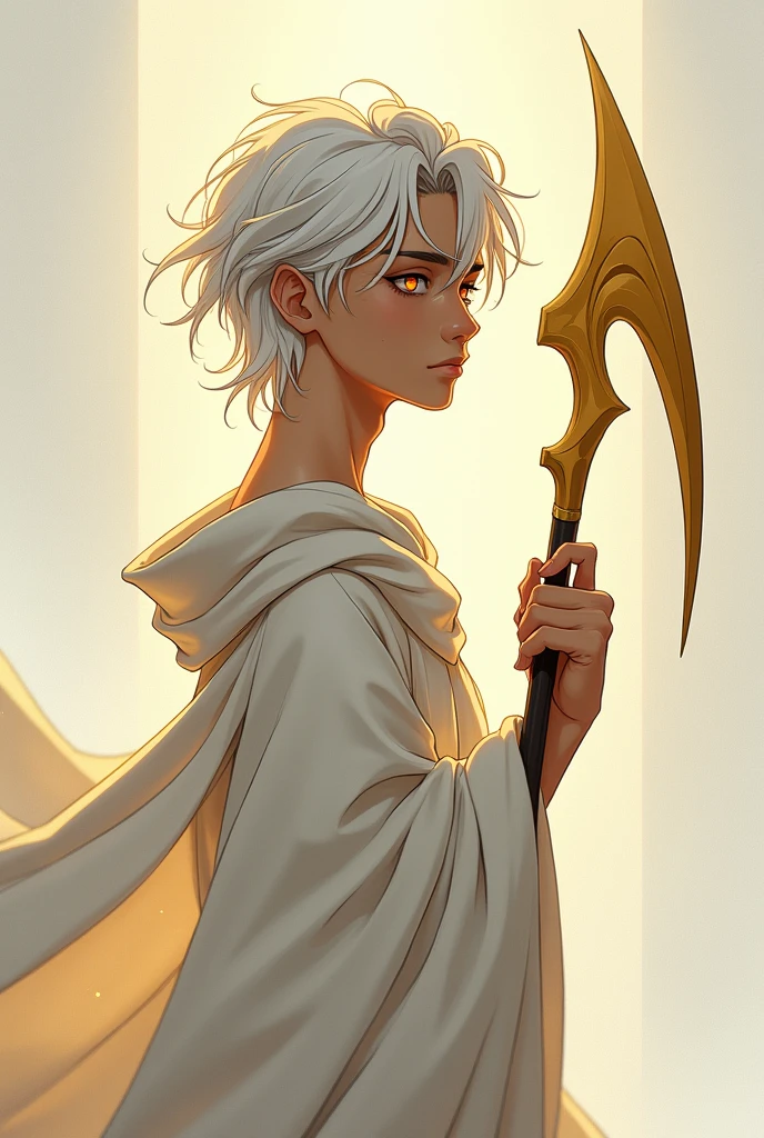 A full body image of a young adult male who is thin, half-heavenly with brown skin, shoulder-length white hair and pupil-less golden eyes, carrying a large golden sickle. made with anime lines.