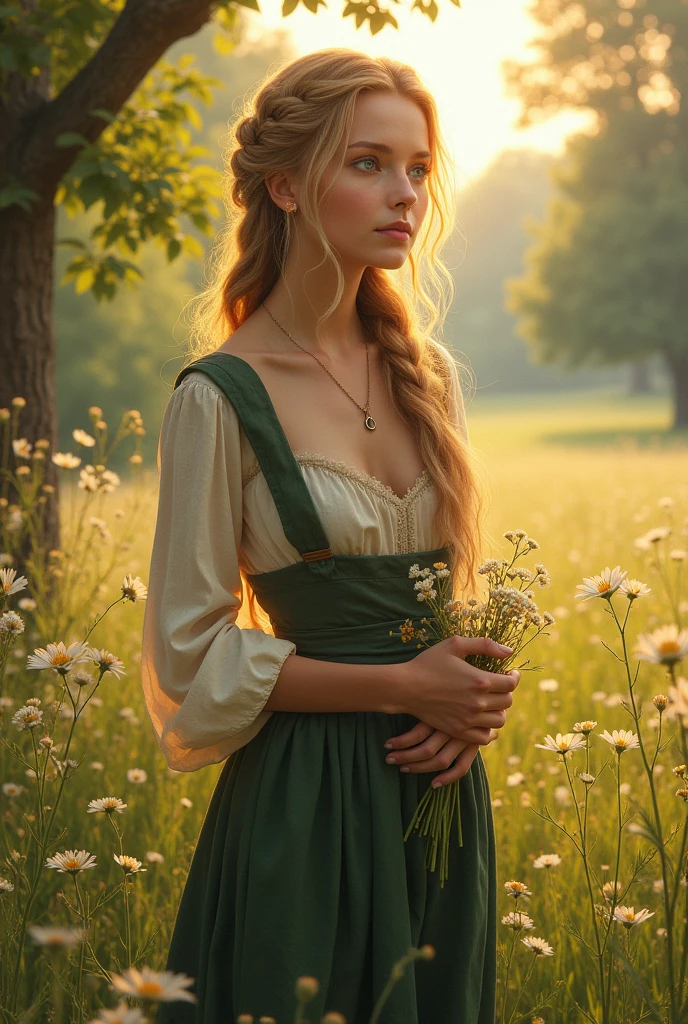 Envision a woman standing in a sun-dappled meadow on the outskirts of a medieval village, surrounded by wildflowers and tall, gently swaying grasses. Her long, blonde hair is loosely braided, with a few soft curls escaping to frame her bright blue eyes. Her fair skin glows in the golden light of the late afternoon sun, with a natural flush of pink on her cheeks. She is dressed in the simple yet charming attire of a village maiden: a cream-colored linen blouse with a modest but open neckline, revealing just a hint of her generous cleavage. Over it, she wears a deep green, worn but well-fitted bodice that accentuates her curvy figure. Her skirt is a patchwork of earthy tones, flowing down to her ankles, though it’s slightly lifted by the breeze, giving a glimpse of her thick, shapely legs.
The meadow is filled with the fragrance of blooming flowers, and the distant sound of a babbling brook adds to the serene atmosphere. A gentle breeze rustles the leaves of nearby trees, and birds sing sweetly from their branches. Her blue eyes are soft and full of longing as she gazes toward the horizon, where the sun begins to dip, casting a warm, golden glow over the landscape. Her posture is relaxed yet graceful, one hand lightly clutching a small bouquet of wildflowers, the other resting on her hip as she breathes in the tranquility of the moment.
Despite the simplicity of her attire, there is a quiet, romantic allure in her presence, enhanced by the natural beauty surrounding her. The scene is one of peaceful intimacy, where the gentle charms of the countryside blend with the subtle, captivating beauty of the village maiden, creating a moment of timeless romance.