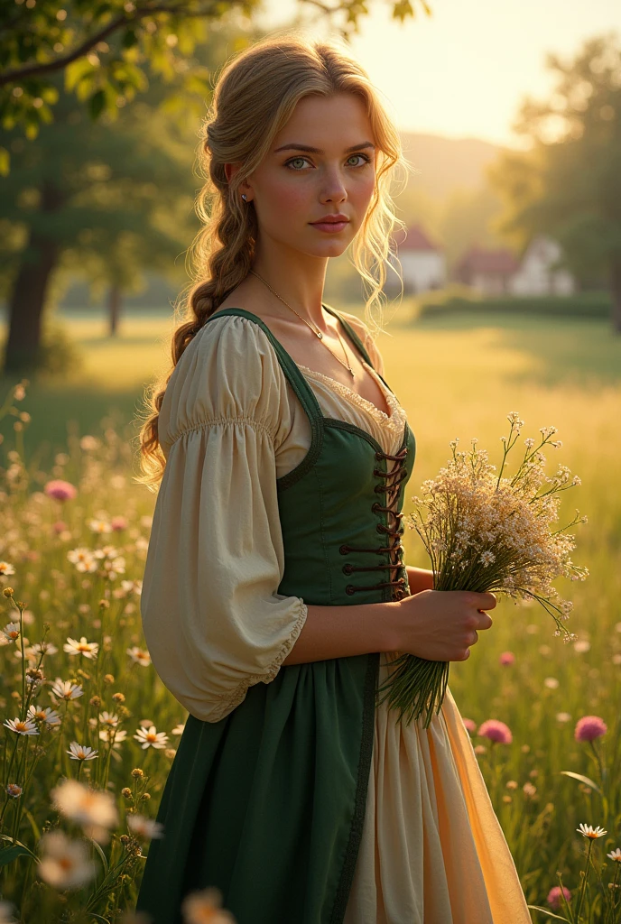 Envision a woman standing in a sun-dappled meadow on the outskirts of a medieval village, surrounded by wildflowers and tall, gently swaying grasses. Her long, blonde hair is loosely braided, with a few soft curls escaping to frame her bright blue eyes. Her fair skin glows in the golden light of the late afternoon sun, with a natural flush of pink on her cheeks. She is dressed in the simple yet charming attire of a village maiden: a cream-colored linen blouse with a modest but open neckline, revealing just a hint of her generous cleavage. Over it, she wears a deep green, worn but well-fitted bodice that accentuates her curvy figure. Her skirt is a patchwork of earthy tones, flowing down to her ankles, though it’s slightly lifted by the breeze, giving a glimpse of her thick, shapely legs.
The meadow is filled with the fragrance of blooming flowers, and the distant sound of a babbling brook adds to the serene atmosphere. A gentle breeze rustles the leaves of nearby trees, and birds sing sweetly from their branches. Her blue eyes are soft and full of longing as she gazes toward the horizon, where the sun begins to dip, casting a warm, golden glow over the landscape. Her posture is relaxed yet graceful, one hand lightly clutching a small bouquet of wildflowers, the other resting on her hip as she breathes in the tranquility of the moment.
Despite the simplicity of her attire, there is a quiet, romantic allure in her presence, enhanced by the natural beauty surrounding her. The scene is one of peaceful intimacy, where the gentle charms of the countryside blend with the subtle, captivating beauty of the village maiden, creating a moment of timeless romance.