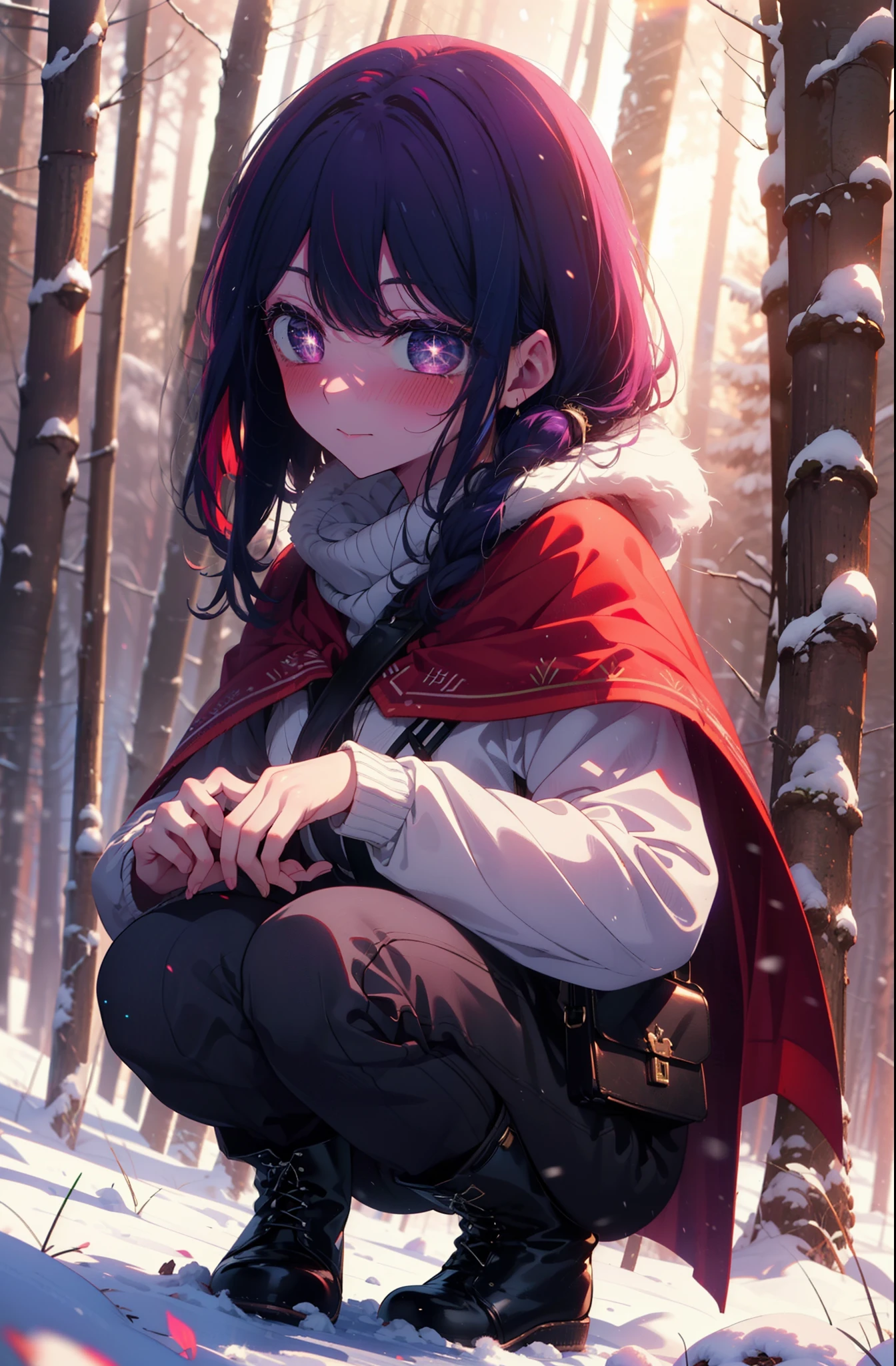 aihoshino, Ai Hoshino, Long Hair, bangs, (Purple eyes:1.1), Purple Hair, (Symbol-shaped pupil:1.5), smile,,smile,blush,white breath,
Open your mouth,snow,Ground bonfire, Outdoor, boots, snowing, From the side, wood, suitcase, Cape, Blurred, , forest, White handbag, nature,  Squat, Mouth closed, Cape, winter, Written boundary depth, Black shoes, red Cape break looking at viewer, Upper Body, whole body, break Outdoor, forest, nature, break (masterpiece:1.2), Highest quality, High resolution, unity 8k wallpaper, (shape:0.8), (Beautiful and beautiful eyes:1.6), Highly detailed face, Perfect lighting, Highly detailed CG, (Perfect hands, Perfect Anatomy),