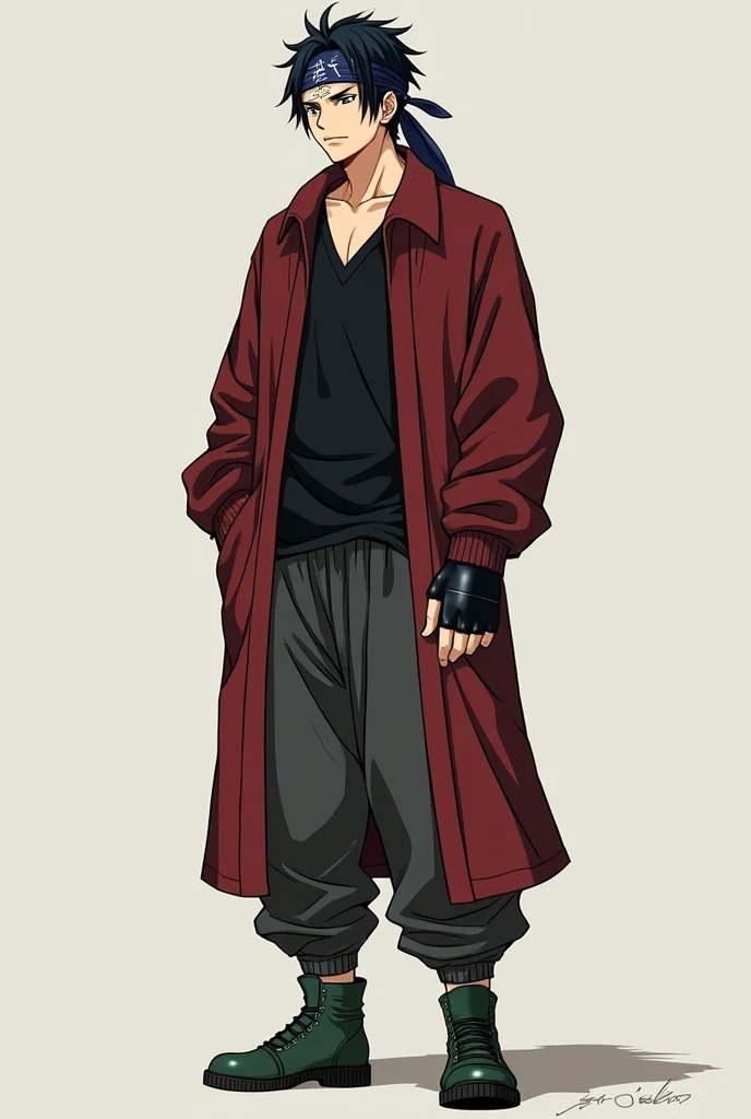A man in a long dark red shirt that goes down to his knees and is closed at the waist, and a black t-shirt with a V ,with sweatpants, a green ankle boot, with a dark blue bandana on his head and with a phrase written on his forehead love in Japanese with a black glove