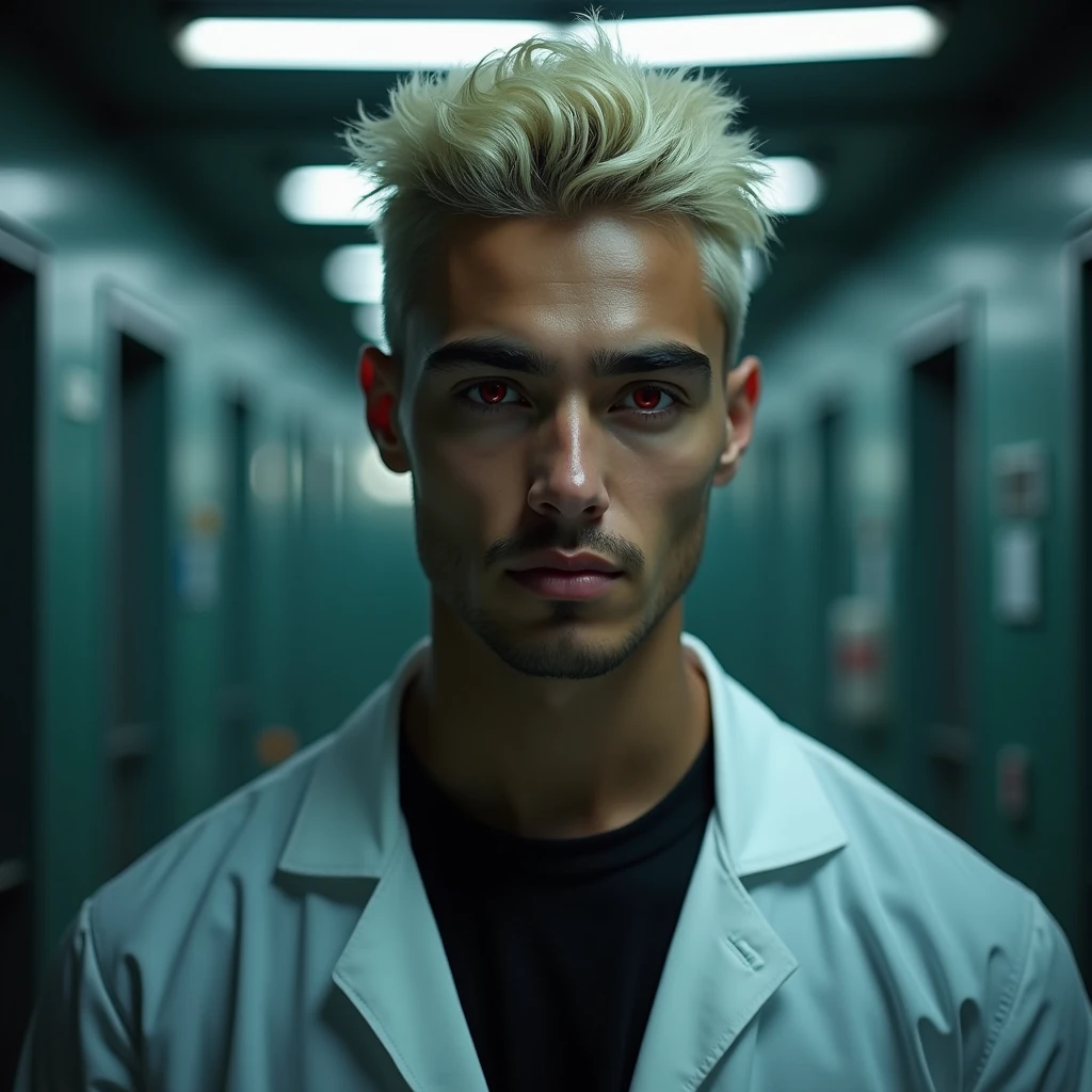 Photograph headshot of a very tall attractive young Middle Eastern-Arab-Egyptian featured male, short crew cut layered textured platinum blond wavy swept back hair, 5 o'clock shadow, lithe body, brown skin, dark red eyes, tall toned body. Professional expression. Lab coat, black shirt, dim fluorescent lighting, foreboding facility.