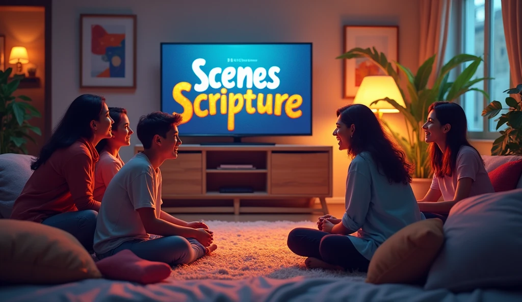 Create a realistic image of a cozy living room, where a group of excited people are gathered around a television. The expressions on their faces reflect excitement and fun as they watch the show.. The TV screen glows with the phrase "Scenes from Scripture" highlighted in large, colorful letters. Ao fundo, you can see details of the room&#39;s decoration, like comfortable pillows, a soft rug and some plants, creating a welcoming and vibrant atmosphere.