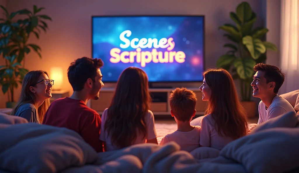 Create a realistic image of a cozy living room, where a group of excited people are gathered around a television. The expressions on their faces reflect excitement and fun as they watch the show.. The TV screen glows with the phrase "Scenes from Scripture" highlighted in large, colorful letters. Ao fundo, you can see details of the room&#39;s decoration, like comfortable pillows, a soft rug and some plants, creating a welcoming and vibrant atmosphere.