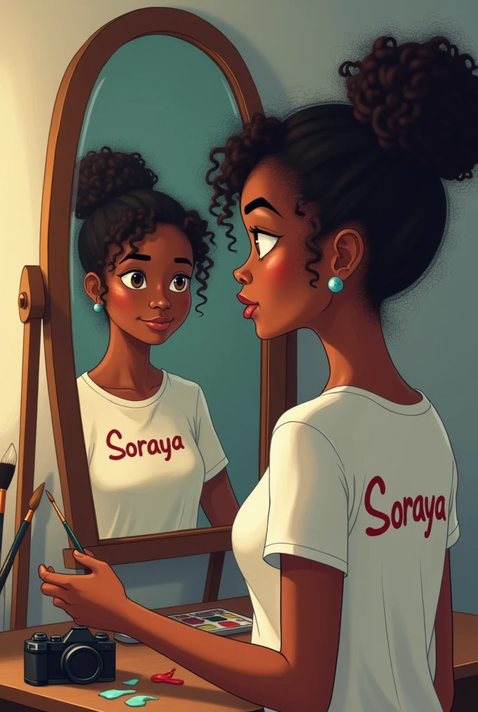 Une jeune fille noir avec des cheveux crépus, peigné en chignon, habillé avec un t-shirt qui écrit Soraya. Elle se regarde dans un miroir et elle voit son reflet qui est habillé en artiste avec ses pinceaux , ses peintures, un camera, elle est un peu artistique et tout. Son reflet la regarde avec le sourire. Je ne veux pas d'images d'enfants car elle a 19ans