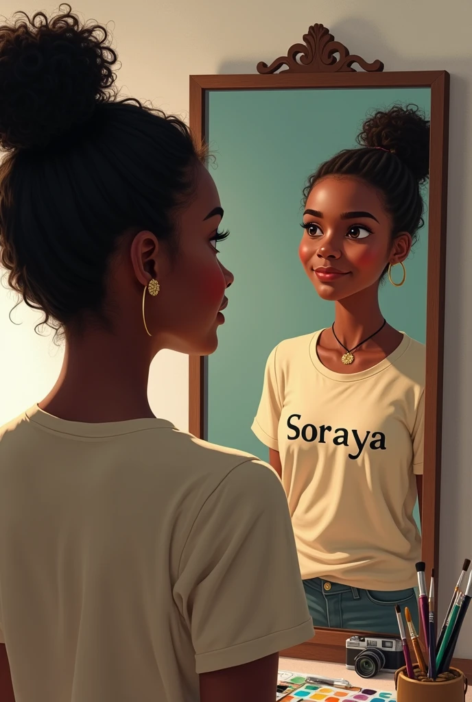 Une jeune fille noir avec des cheveux crépus,  peigné en chignon,  habillé avec un t-shirt qui écrit Soraya. Elle se regarde  dans un miroir et elle voit son reflet qui est habillé en artiste avec ses pinceaux , ses peintures,  un camera, elle est un peu artistique et tout.  Son reflet la regarde avec le sourire.  Je ne veux pas d'images d'enfants car elle a 19ans 