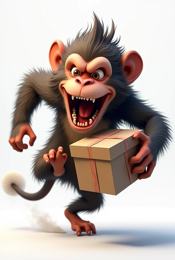 monkey with a box in his hands mad crazy runs, Transparent background