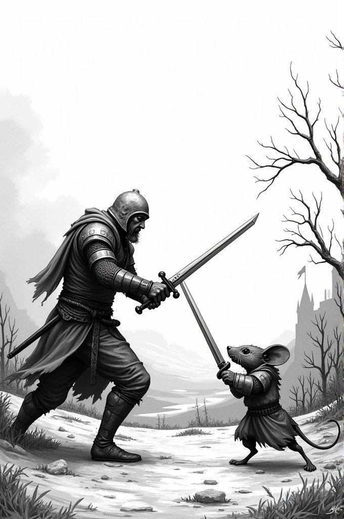 Human with sword fighting a mouse with sword , Mediovale , black and white white scenery,