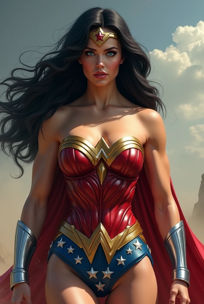 A MUSCULAR FEMALE, WITH LONG BLACK HAIR, BLUE EYES, WITH A SEXY BODY, WEARING A CLASSIC 1960 LYNDA CARTER WONDER WOMAN COSTUME AND RED CAPE. ABSURD 8K RESOLUTION, INCREDIBLY DETAILED SKIN AND EYES, HUGE MUSCULAR ARMS:1.2, HUGE MUSCULAR LEGS:1.2, HUGE MUSCULAR TORSO:1.2.