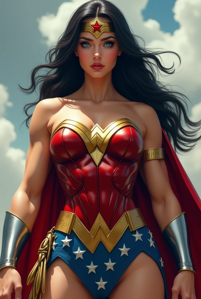 A MUSCULAR FEMALE, WITH LONG BLACK HAIR, BLUE EYES, WITH A SEXY BODY, WEARING A CLASSIC 1960 LYNDA CARTER WONDER WOMAN COSTUME AND RED CAPE. ABSURD 8K RESOLUTION, INCREDIBLY DETAILED SKIN AND EYES, HUGE MUSCULAR ARMS:1.2, HUGE MUSCULAR LEGS:1.2, HUGE MUSCULAR TORSO:1.2.