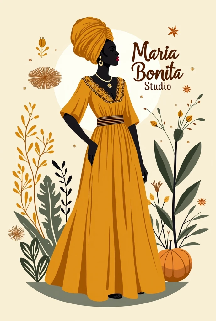 
1. Cultural and Religious Elements:
Figure of a Bahian Woman: Consider a silhouette or illustration of a Bahian woman in traditional dress. She may be wearing traditional clothes, like the flared skirt, blouse with lace details and turban or headwrap. Pombagira Clothes Religious References: If you want to incorporate references to African religious culture, consider including subtle elements such as the symbol of Candomblé women, For example, using stylized images of elements associated with the orishas or symbols of protection.
2. Paleta de cores:
mustard yellow: Use mustard yellow as the main color to create a feeling of warmth and welcome.. Combine with complementary colors that don&#39;t distract from the yellow., like neutral or earthy tones.
Add-ons: Add accents in soft contrasting colors, like white, brown or olive green, to enhance the design without competing with the mustard yellow.
3. Typography:
Elegant and Artistic Font: Choose a font that is elegant and reflective of the artisanal style. Fonts with a handcrafted or handwritten feel can work well to convey the studio’s personality..
Customization: Consider styling the typography to incorporate elements of Bahian or African culture, as decorative patterns.
4. Layout e Design:
Silhouette and Details: The silhouette of the Bahian woman can be in the center or to the side of the text. Add cultural details around the silhouette, such as African patterns or embroidery elements.
Symbol Incorporation: Incorporate symbols such as traditional necklaces, ethnic ornaments or patterns to enrich the design.

A stylized silhouette of a Bahian woman in traditional mustard yellow clothing. the name "Maria Bonita Studio" can be below or next to the figure, with a cursive or handwritten font.
embodies a man next to a woman with the same color palette 


