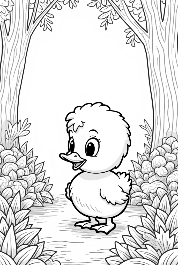 Black and white style illustration of a duckling in the forest to color without shading cute