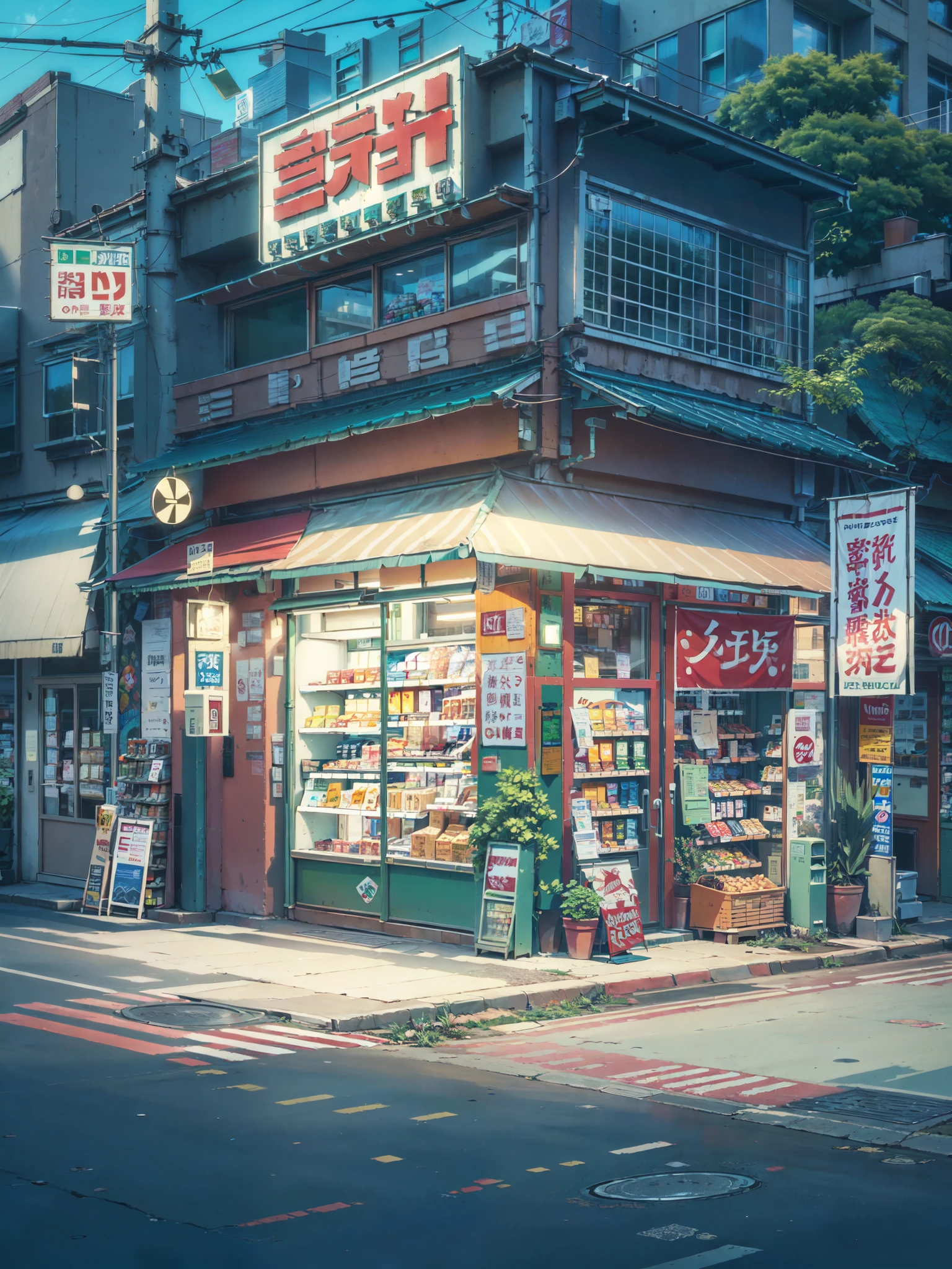 ((best quality)), ((masterpiece)), (detailed), ((modern)) Japanese (((convenience store))), ((by itself)), (((camera angle in front of shop))), (((no other buildings))), modern Japanese street, Japanese shop signs, tall street lamp, banners, vending machine, trash cans, plant pots, detailed scenery, cinematic lighting, anime style, anime background, anime wallpaper, lofi, lofi style, no one, no people, no cars,
