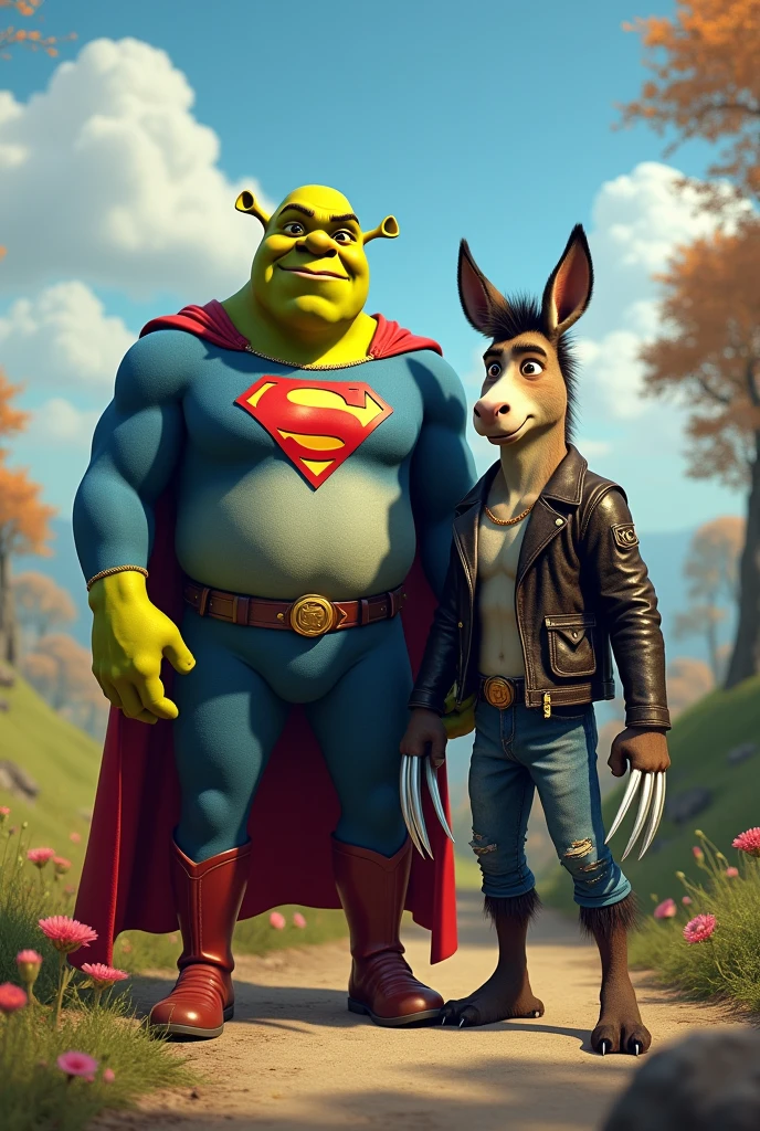 Sherek com roupa de superman e burro com roupa do Wolverine