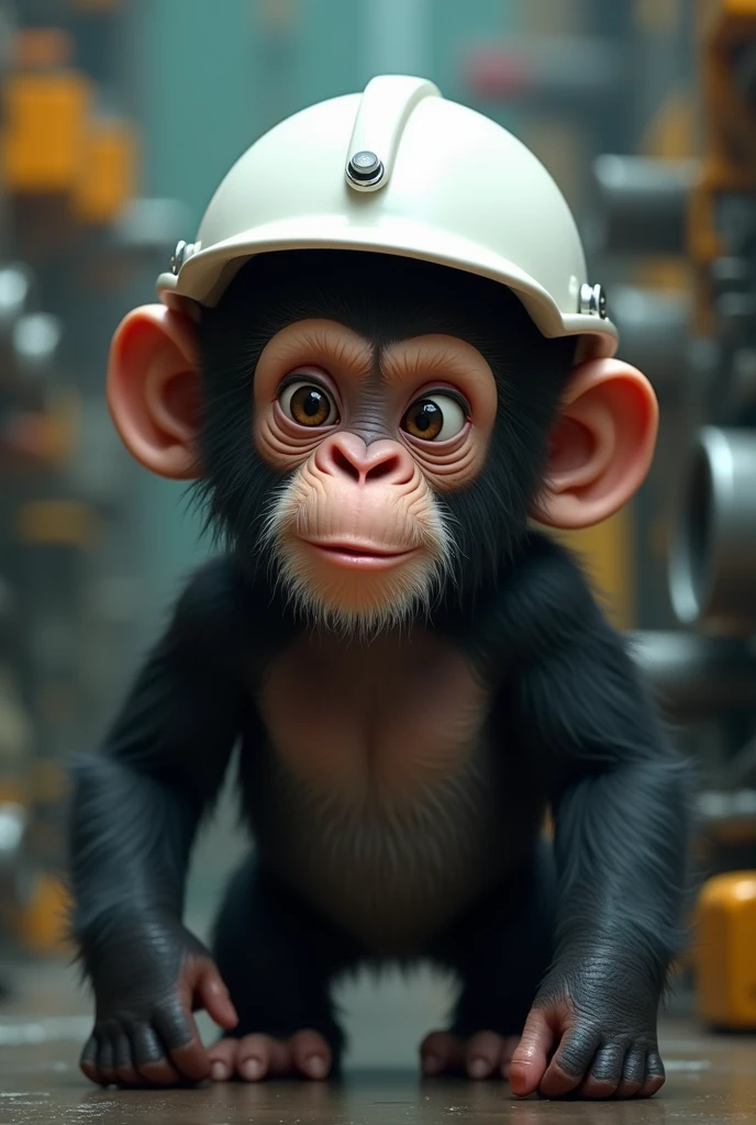 Chimpanzee with white engineer's helmet