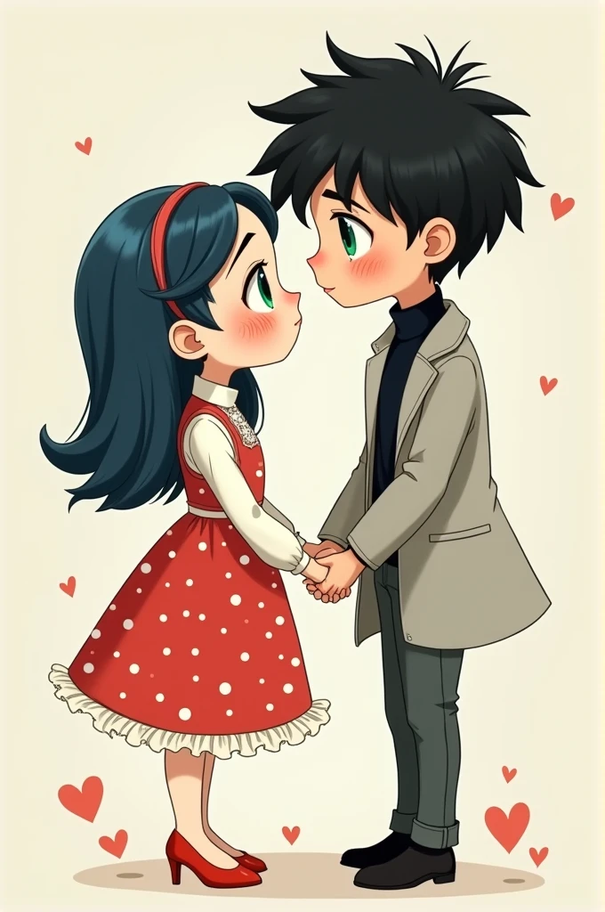 age female with androgynous features, NAVY BLUE HAIR, green eyes, with freckles on his face, Pale skin, pink lips, She wears a red dress with white dots that has lace and white ruffles, Under the dress she wears a white shirt and red high heels. She is holding hands with a tall boy with fluffy black hair that covers one of his eyes., His skin is pale, He wears a black turtleneck sweater, over a light grey coat, dark grey pants, black shoes, tiene los green eyes, cartoon style