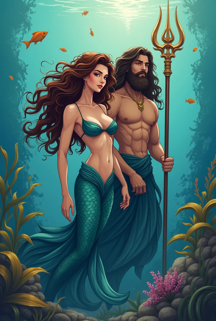 Create a logo with a curly brunette mermaid and Poseidon 