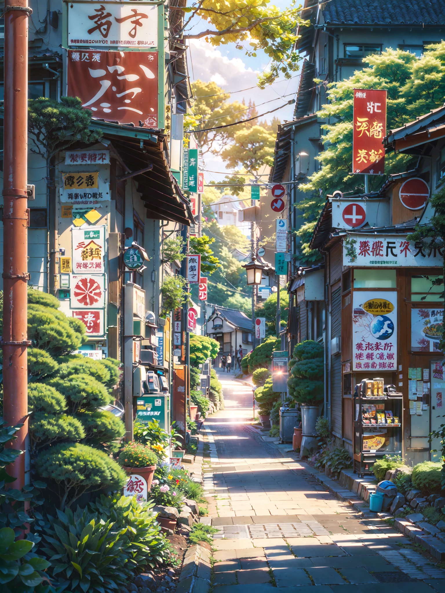 there is a ((modern)) ((japanese shop)) on the side of a path by itself, (japanese banners) and signs on the shop, (vibrant), morning, bright-blue sky, ((dramatic weather,)) anime scenery, japanese town, beautiful anime scenery, beautiful anime scene, japanese neighborhood, anime background art, japanese street, anime landscape, japanese village, anime landscape, japanese city, anime nature, anime beautiful peace scene, tokyo - esque town, anime scenery concept art, detailed scenery, cinematic lighting, god rays, glowing light, reflection light, close-up, lens flare, masterpiece, high details, best quality, super detail, high quality, anime background, anime wallpaper, sunny weather, bright blue sky, dramatic lighting, (((anime scenery of a street with a path and a house))), ((countryside)), ((rural)), (japanese shop signs), (plant pots), (plants), (trash cans), ((vending machine)), (((no one))), (((no people)))
