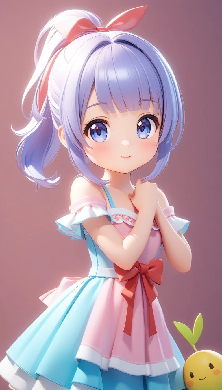 A picture of a girl with a ponytail and a dress, cute 3d rendering, cute detailed digital art, mini cute girl, cute digital painting, 3D rendering style, cute digital art, cute rendering 3d anime girl, Small curve, cute! C4D, One character's whole body, Standing on a white pedestal,
