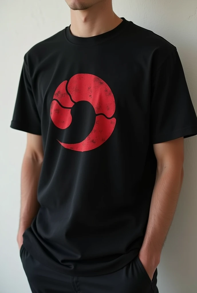 Generate an image of Plain black t shirt with a perfect Uchiha clan logo print at the center 