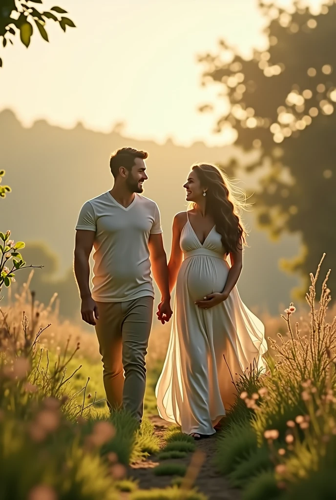 Pregnant woman walking with her husband 