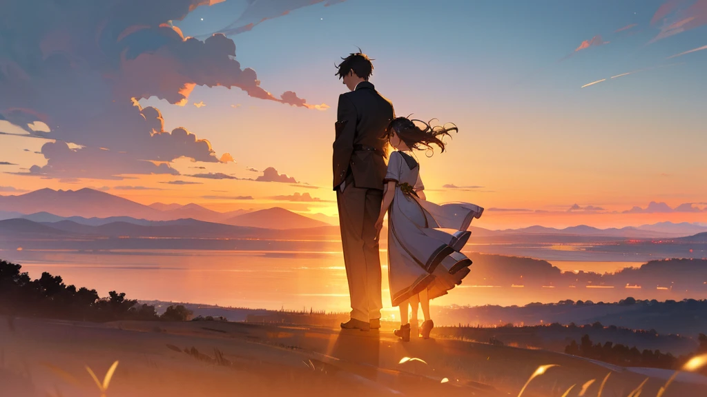 An ultra-wide shot of a 16-year-old boy and the girl from his dream standing together from behind, with the backdrop of a stunning sunset. The scene features a dreamy landscape with warm, golden hues of the setting sun casting a soft glow over the couple. The expansive view highlights their silhouette against the vibrant sky, creating a romantic and serene atmosphere. The landscape is tranquil and picturesque, enhancing the dreamy quality of the moment.