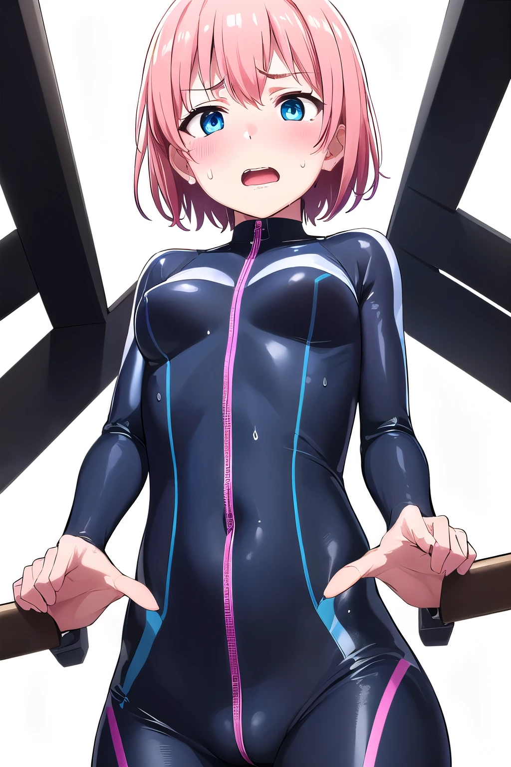 girl,boyish, very short hair, pink Hair, medium Breasts,Black glossy tight suit,Cowboy Shot,blush,sexy face,blue eyes,Tight fit,clearly,Striped pattern, (white background:1.3), (open mouth:1.2), (condescending:1.2), (from below:1.3), Hands sideways, (sweat:1.2), (shy face:1.2), cowgirl position,.(steam:1.2)